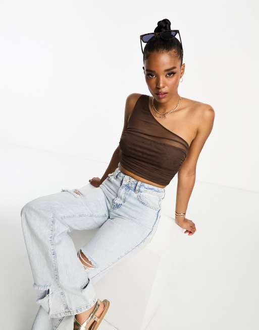 Pull Bear mesh detail one shoulder crop top in brown ASOS