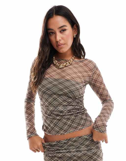 Pull&Bear mesh long sleeved top co-ord in brown check