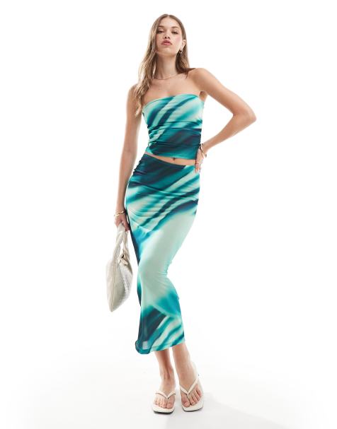 Pull&Bear mesh maxi beach skirt co-ord in blue print - view 1