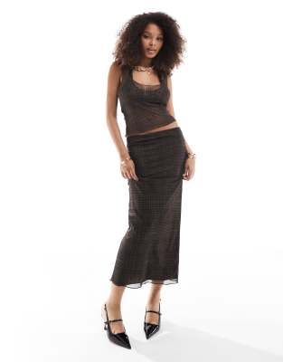 Pull & Bear Mesh Maxi Skirt In Brown Check - Part Of A Set