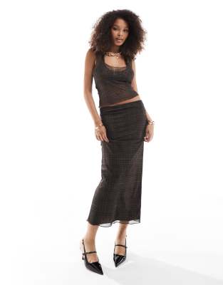 mesh maxi skirt in brown check - part of a set