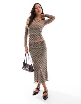 mesh maxi skirt in brown check - part of a set