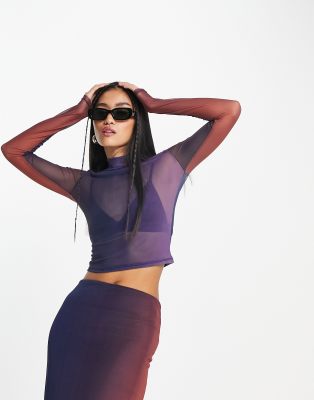 Pull&Bear mesh midi long sleeve top in purple print (part of a set)