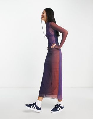 Pull&Bear mesh midi skirt co-ord in purple print