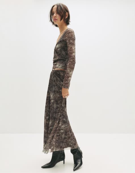 Pull&Bear Mesh midi skirt with buckle in print 1 - view 1