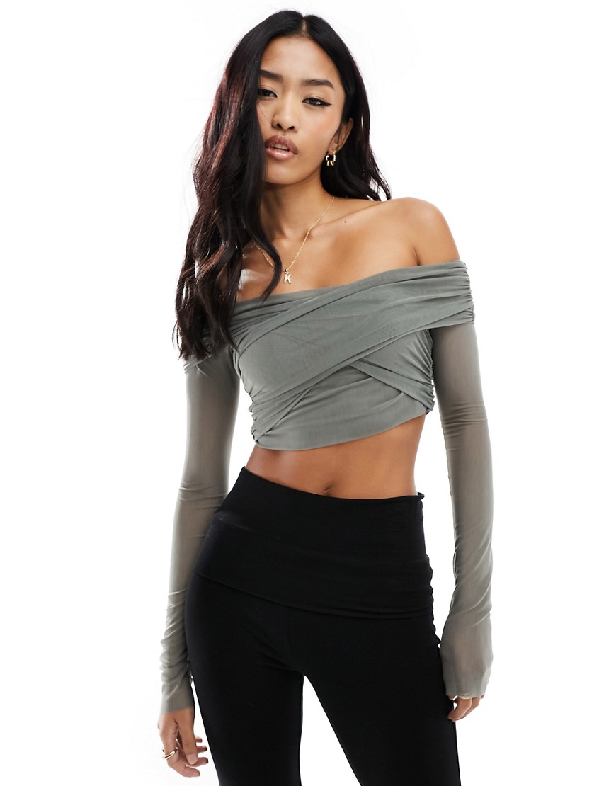 Pull & Bear Mesh Off Shoulder Crossover Top In Gray
