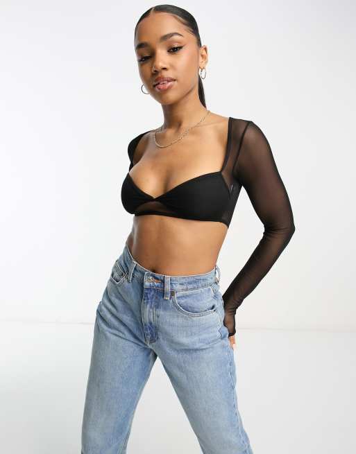 Pull&Bear mesh sleeve bralette top in black