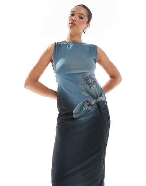 Pull&Bear mesh sleeveless maxi dress in blue ombre floral print - view 1