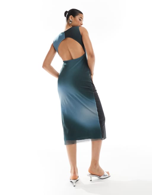 Pull&Bear mesh sleeveless maxi dress in blue ombre floral print