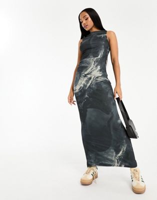 Pull&Bear mesh sleeveless maxi dress in charcoal print
