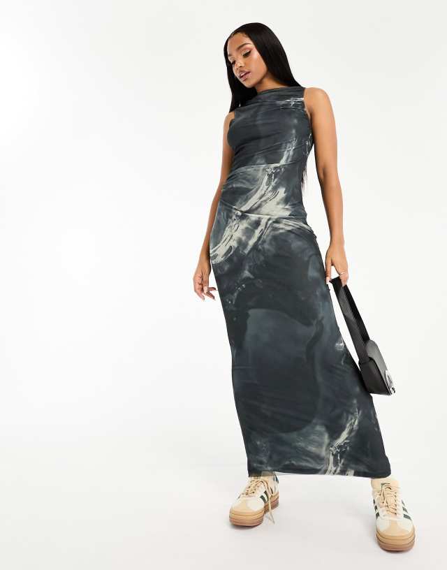 Pull&Bear - mesh sleeveless maxi dress in charcoal print