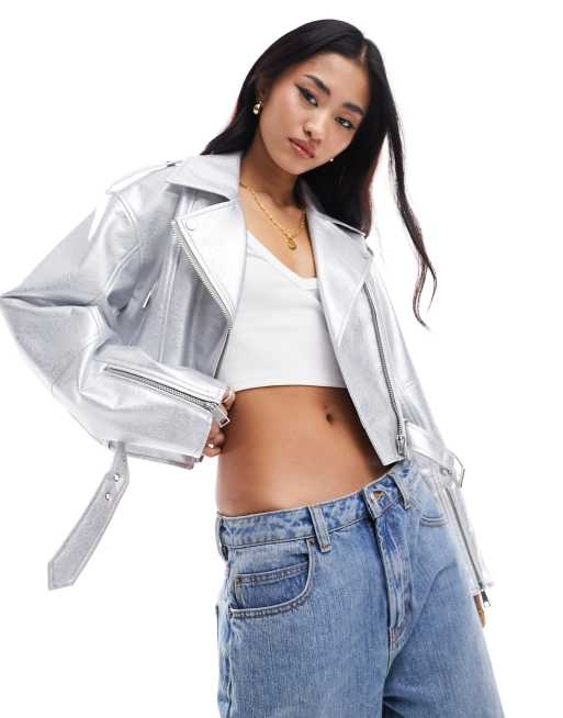Pull&Bear – Metaliczna srebrna kurtka typu biker