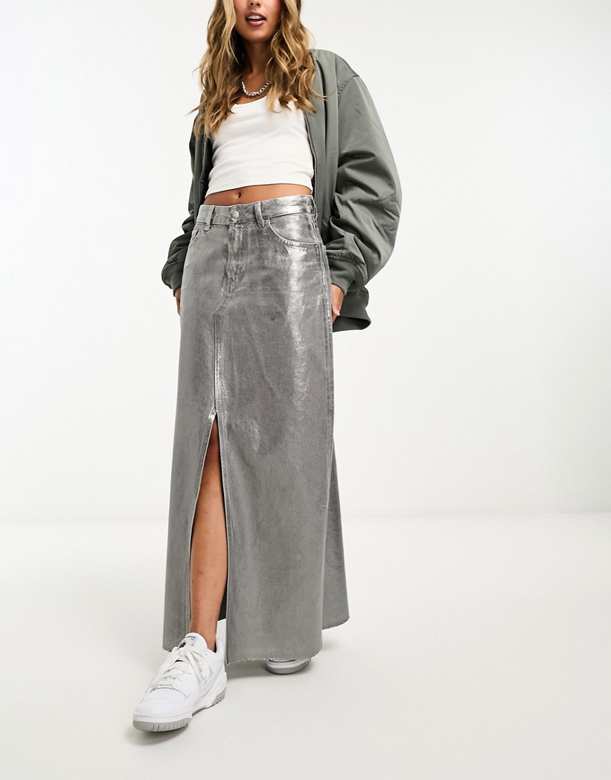 Pull & Bear metallic denim midi skirt with split front co-ord in silver