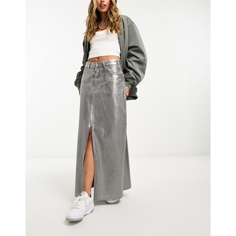 Pull&Bear metallic denim midi skirt with split front in silver (part of a  set)