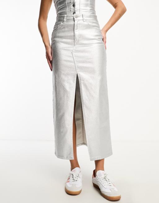 Pull Bear metallic denim split midi skirt in silver part of a set