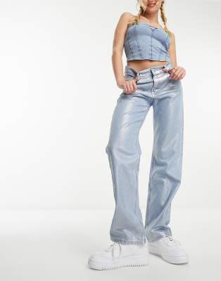 Pull&Bear mid rise wide leg jeans in dirty wash blue