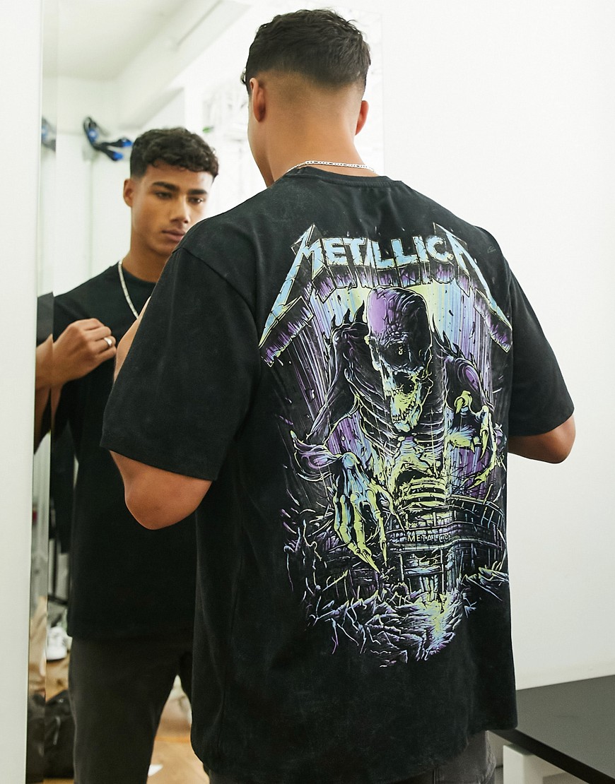 Pull & Bear Metallica acid wash T-shirt in black