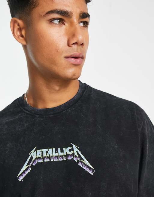 Pull Bear Metallica acid wash T shirt in black