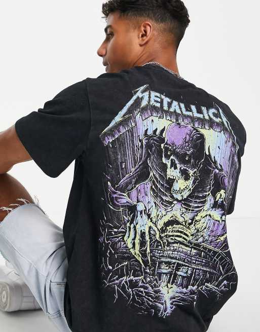 Pull&Bear Metallica acid wash T-shirt in black