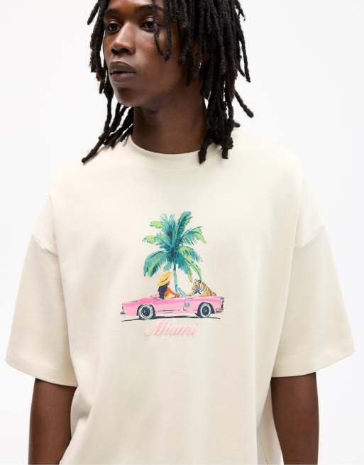 Pull&Bear miami tiger t-shirt in beige
