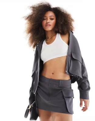 Pull & Bear Micro Mini Tailored Cargo Pocket Skirt In Dark Gray - Part Of A Set