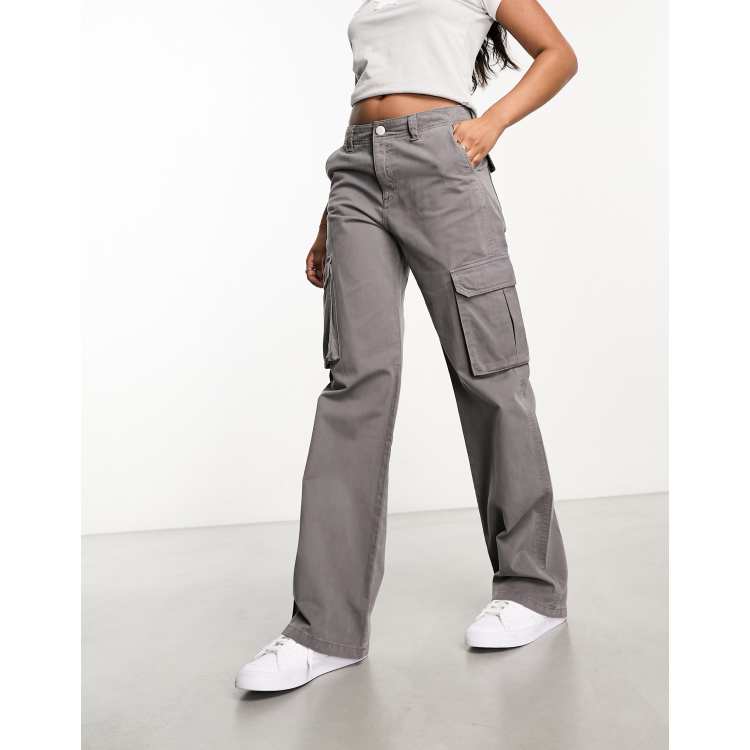 Pull&Bear mid rise straight leg cargo pants in gray