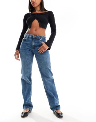 mid rise straight leg jean in dark blue