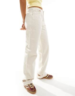 mid rise straight leg jeans with raw waistband in ecru-White