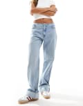 [Pull & Bear] Pull & Bear mid rise straight leg jeans with raw waistband in medium blue 16 BLUE