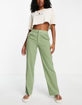 Pull&Bear mid waist loose fitting trousers in green