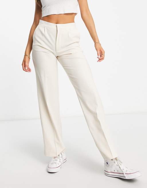 Pull&Bear mid waist loose fitting trousers in off white | ASOS