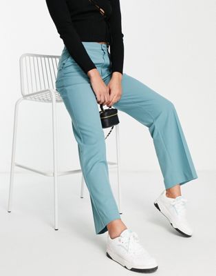 Pull&Bear mid waist loose fitting trousers in teal | ASOS