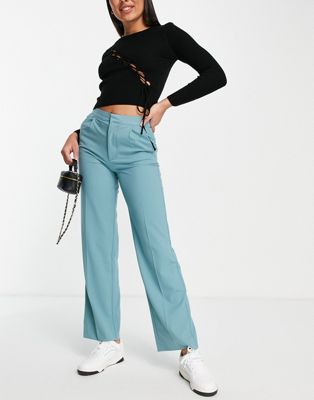 Pull&Bear mid waist loose fitting trousers in teal