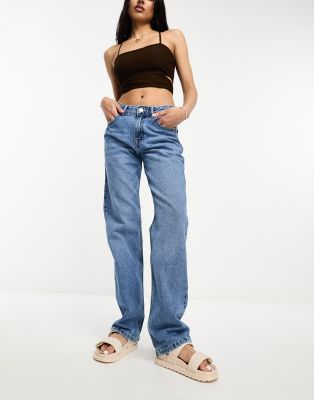 Shop Pull & Bear Mid Rise Straight Leg Jeans In Medium Blue