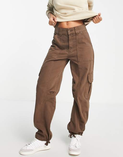 Pull&Bear mid waist tie detail oversized cargo pants in brown ASOS
