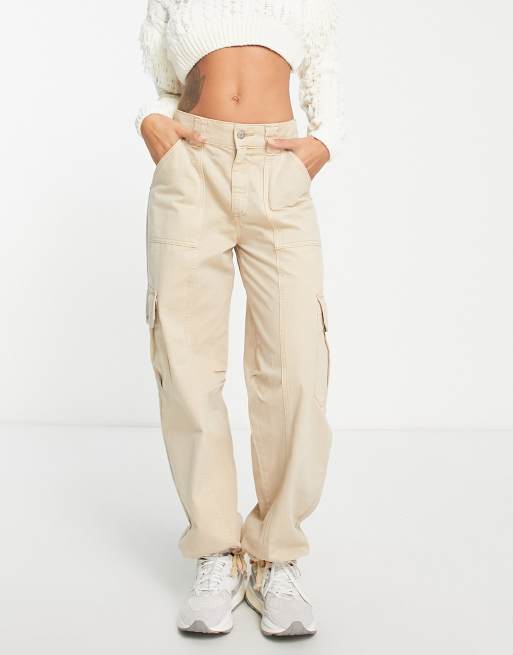 Pull&Bear mid waist tie detail oversized cargo trouser in stone