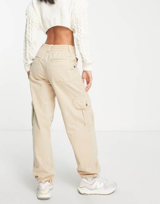 Pull Bear mid waist tie detail oversized cargo trouser in stone ASOS