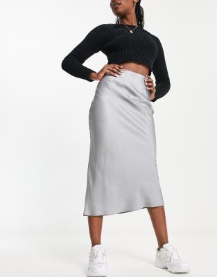 Pull & Bear midaxi satin slip skirt in silver-Gray