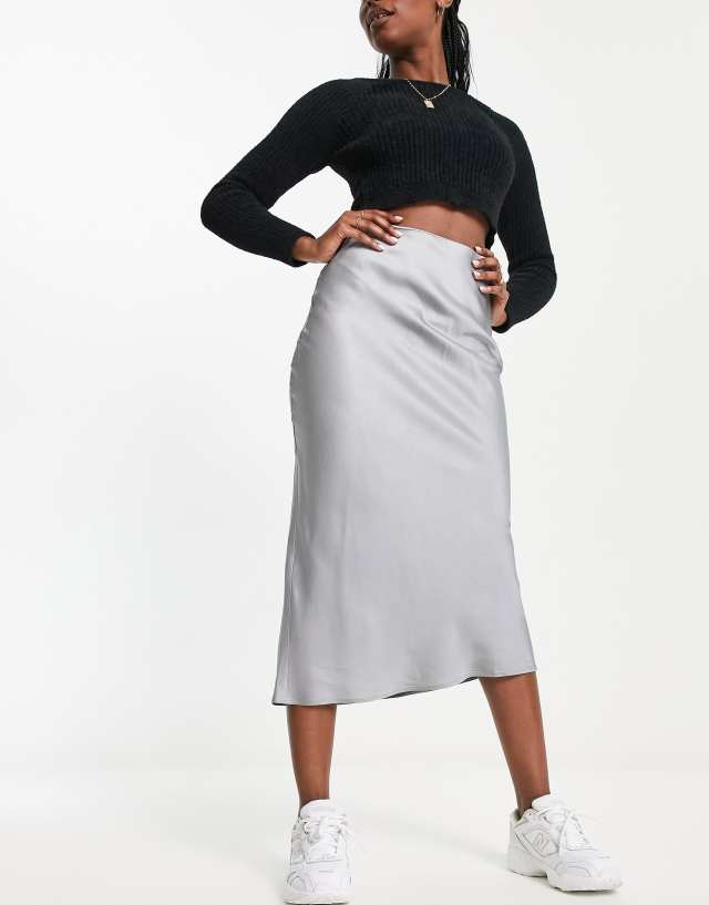 Pull&Bear midaxi satin slip skirt in silver