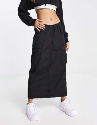 Pull & Bear midi cargo skirt with toggle waist detail in black