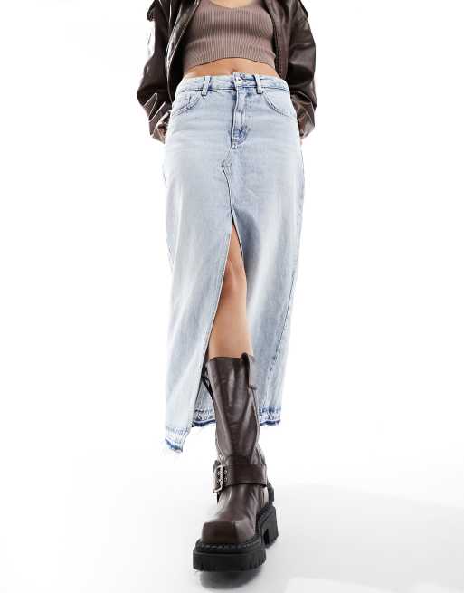 Pull&Bear - Midi-denimnederdel i bleget vask med slids foran