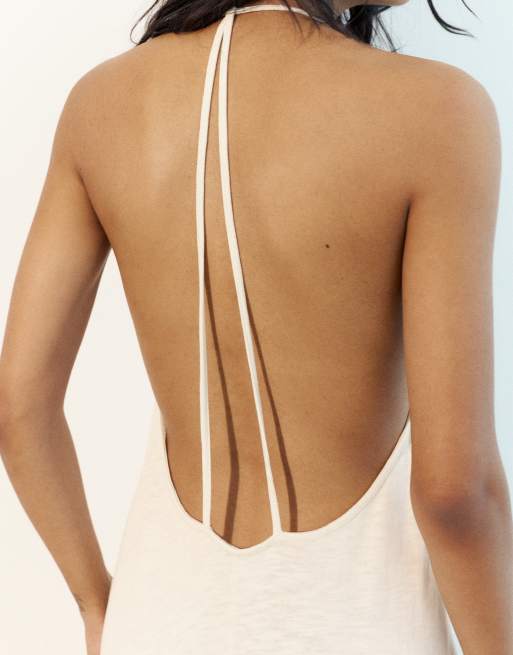 Pull&Bear Midi dress with back straps in beige, 4 of 6