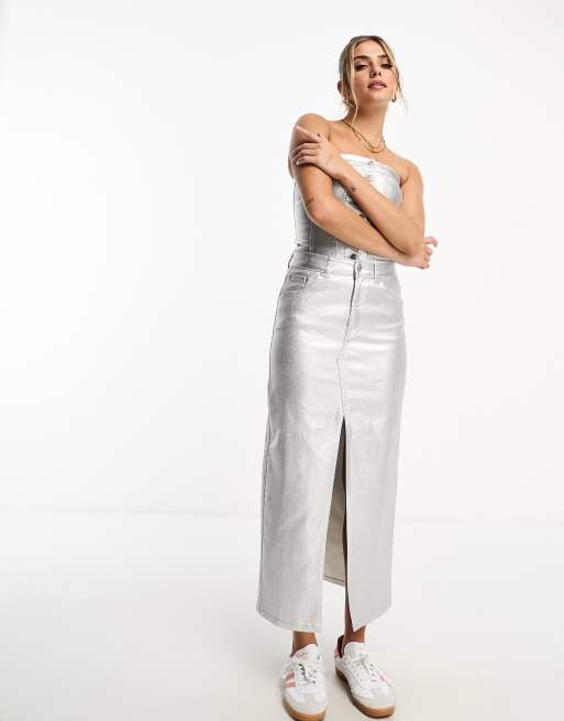 Pull&Bear – Midi-Jeansrock in Metallic-Silber mit Schlitz, Kombiteil