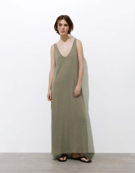 Pull&Bear - Midi-jurk met bandjes in kaki - view 1