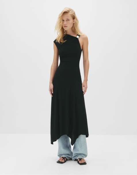 Pull&Bear - Midi jurk met gesp in zwart - view 1
