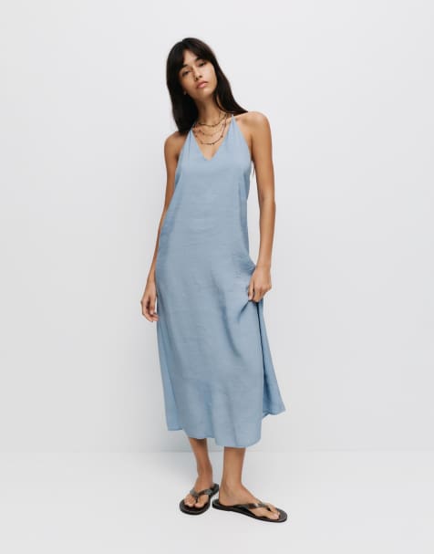 Pull&Bear - Midi jurk met halternek in blauw - view 1