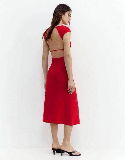 Pull&Bear - Midi jurk met korte mouwen in rood - view 1