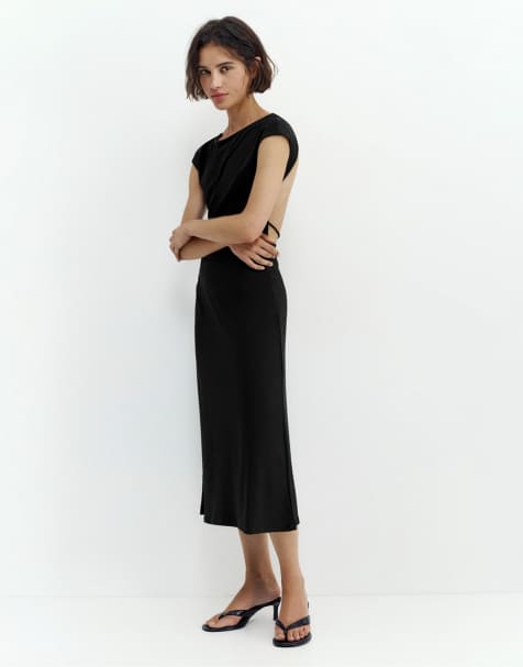 Pull&Bear - Midi jurk met korte mouwen in zwart - view 1