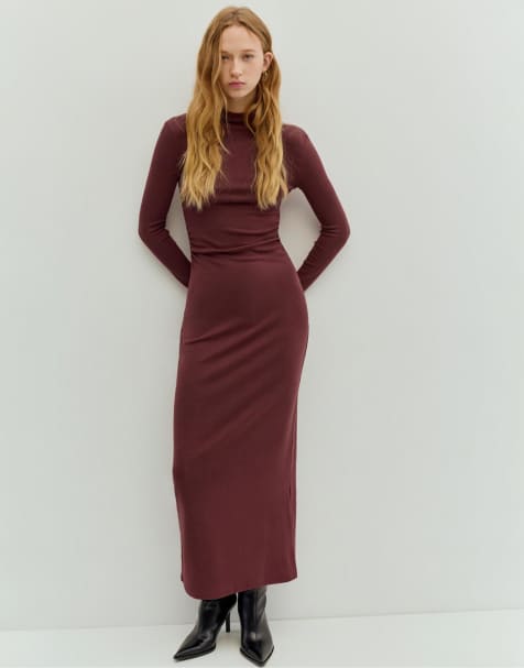 Pull&Bear - Midi jurk met plooien in bordeauxrood - view 1