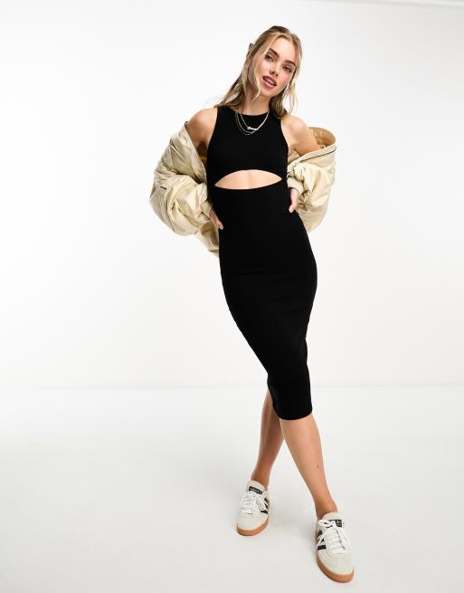 Pull&Bear - Midi jurk met racer hals en uitsnijding in zwart